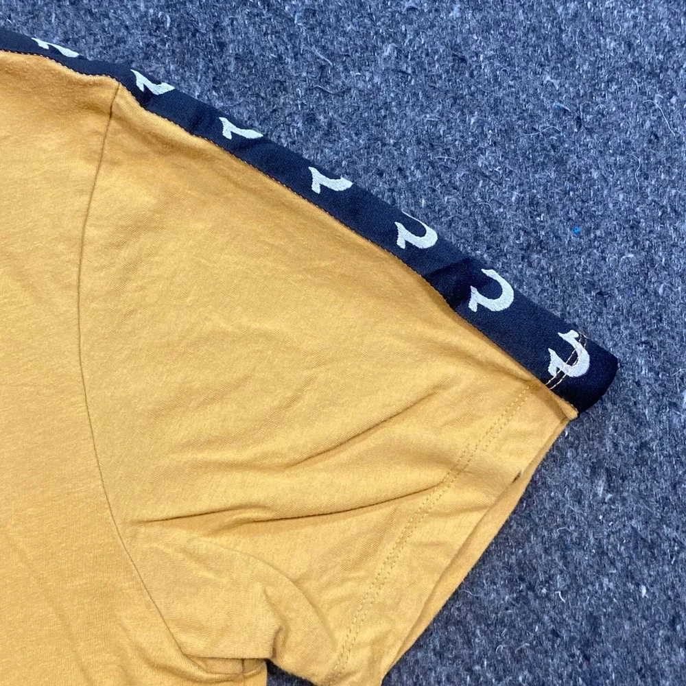 True Religion Shirt Sz L Mens Yellow Streetwear Horseshoe Logo Tape Sleeve